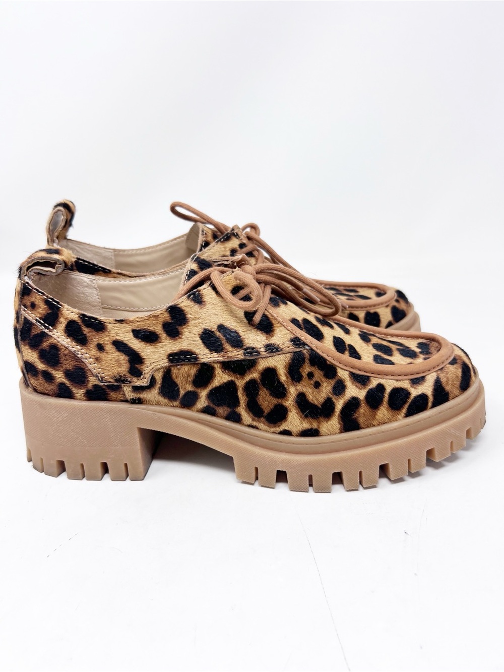 DOLCE VITA MILZA LOAFERS LEOPARD BROWN BLACK LUG SOLE LACE UP SHOES WOMENS SZ 7